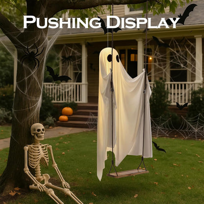 Halloween Decorations Outdoor - 5FT Large Hanging Ghost Swing with Remote Control String Lights &amp; Upgraded Sheet, Scary Ghost Halloween Party Decor Outside for Tree Porch Yard Garden Lawn