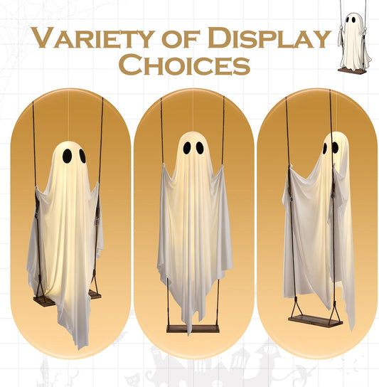 Halloween Decorations Outdoor - 5FT Large Hanging Ghost Swing with Remote Control String Lights &amp; Upgraded Sheet, Scary Ghost Halloween Party Decor Outside for Tree Porch Yard Garden Lawn