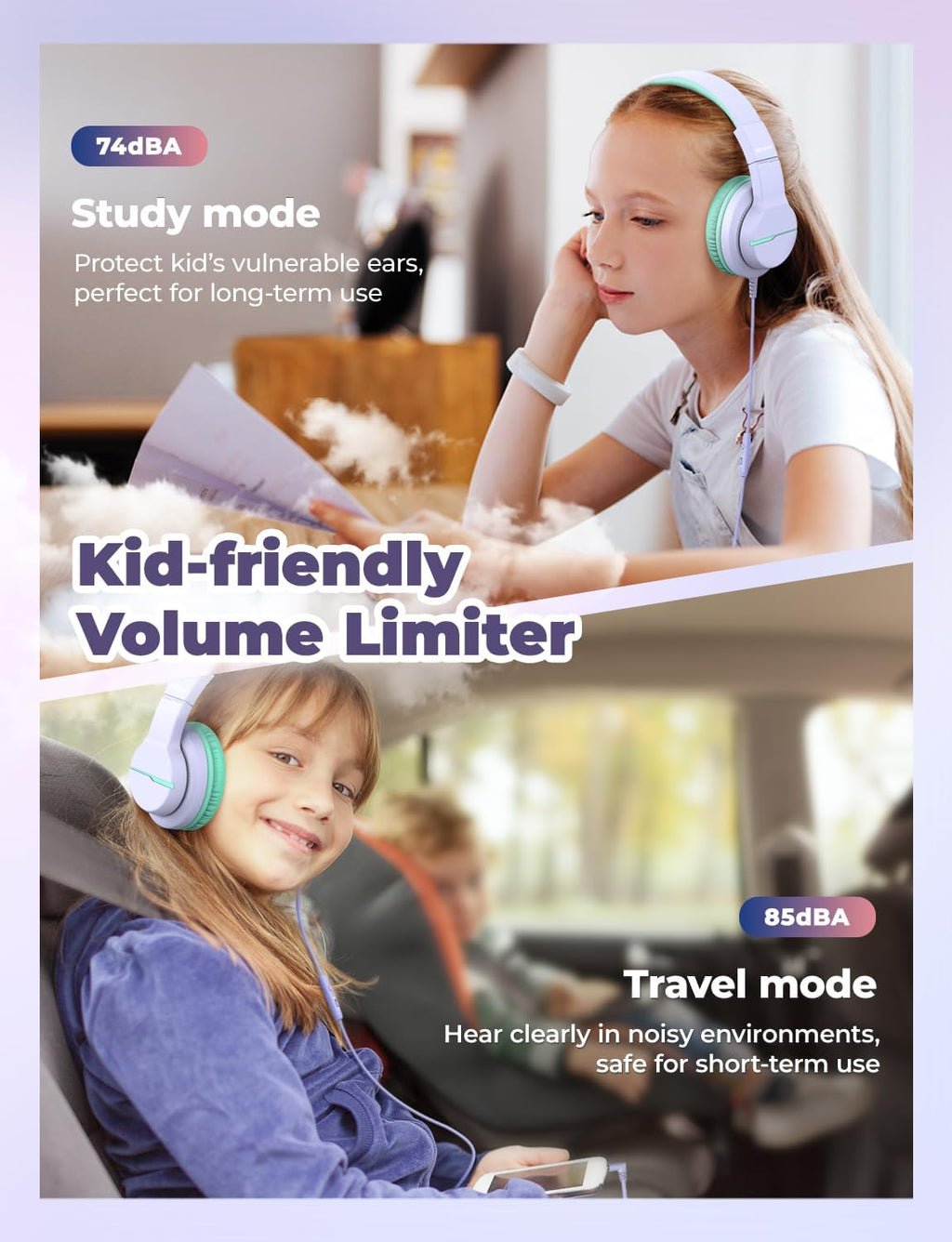 iClever HS19 Kids Headphones for School with Microphone, Safe Volume Limiter 74/85dBA, Over-Ear Girls Boys Headphones for Kids with FunShare Foldable Wired for iPad/Travel (Purple)