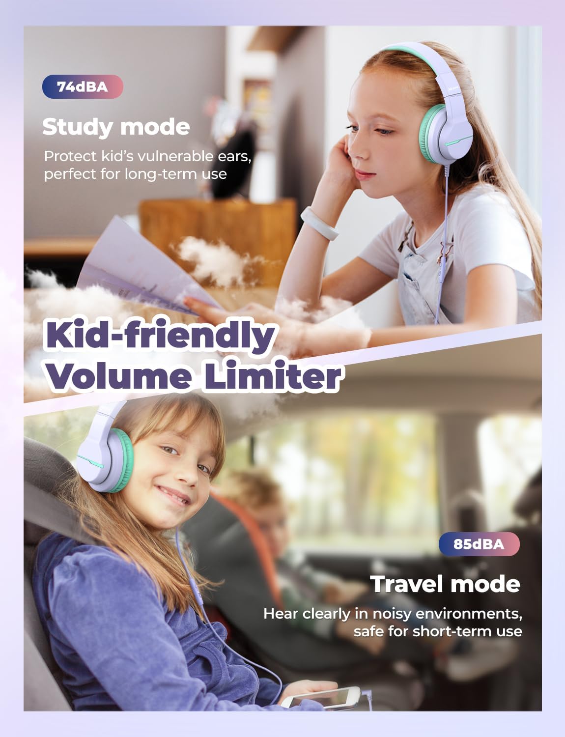 iClever HS19 Kids Headphones for School with Microphone, Safe Volume Limiter 74/85dBA, Over-Ear Girls Boys Headphones for Kids with FunShare Foldable Wired for iPad/Travel (Purple)