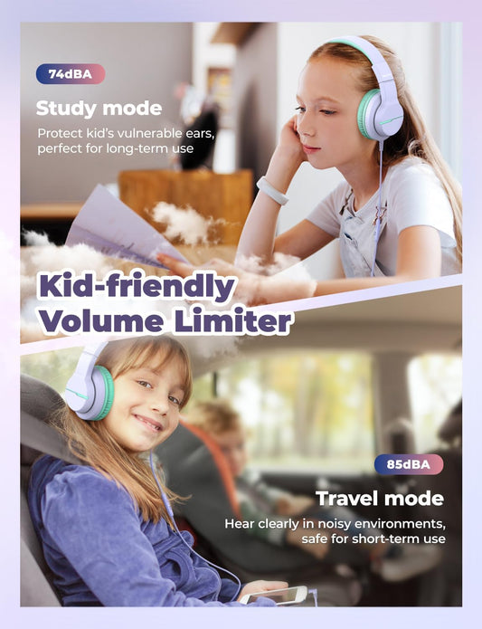 iClever HS19 Kids Headphones for School with Microphone, Safe Volume Limiter 74/85dBA, Over-Ear Girls Boys Headphones for Kids with FunShare Foldable Wired for iPad/Travel (Purple)