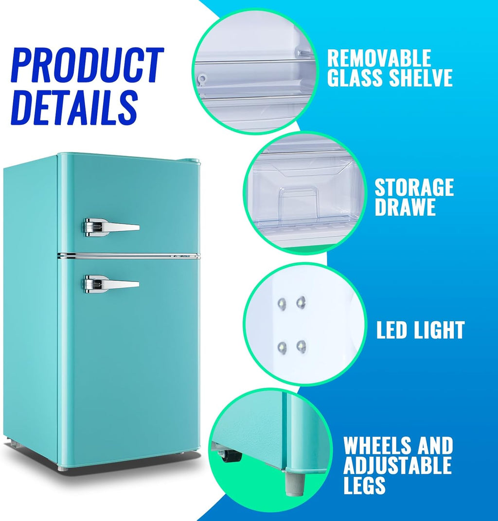 Minirefrigerador con congelador, doble puerta, estantes de vidrio ajustables, tirador desmontable, control de temperatura de 7 niveles, ideal para dormitorio, oficina, apartamento, azul