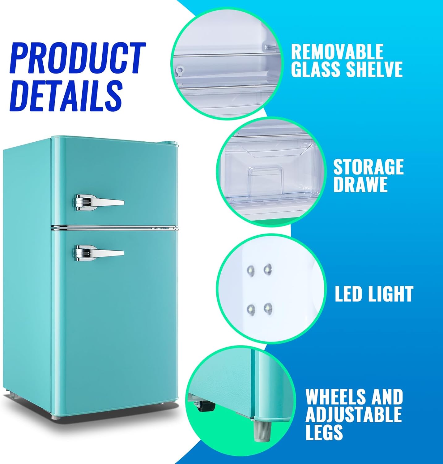 Small Refrigerator with Freezer Double Door Mini Fridge Adjustable Glass Shelves, Detachable Handle,7 Level Temperature Control Fridge for Dorm, Office, Apartment Blue
