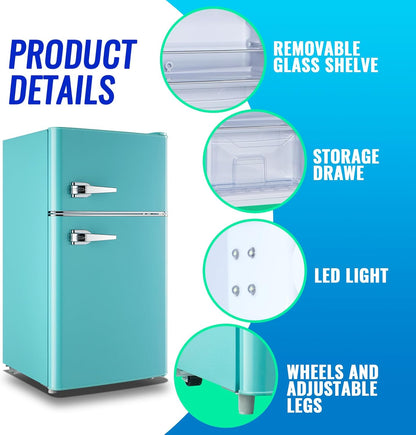 Small Refrigerator with Freezer Double Door Mini Fridge Adjustable Glass Shelves, Detachable Handle,7 Level Temperature Control Fridge for Dorm, Office, Apartment Blue