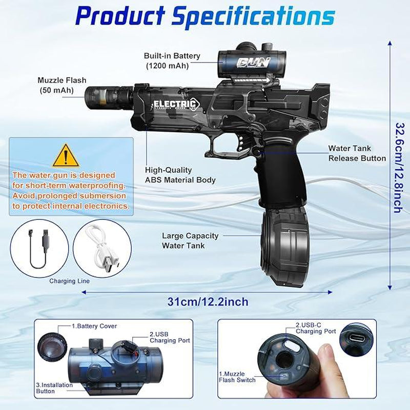 2025 NEW Electric Water Shooter, Water Blaster Swimming Pool Toys for Adults Kids Automatic Blaster with Light 32 FT Long Range Rechargeable Waterproof