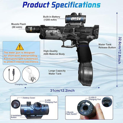 2025 NEW Electric Water Shooter, Water Blaster Swimming Pool Toys for Adults Kids Automatic Blaster with Light 32 FT Long Range Rechargeable Waterproof