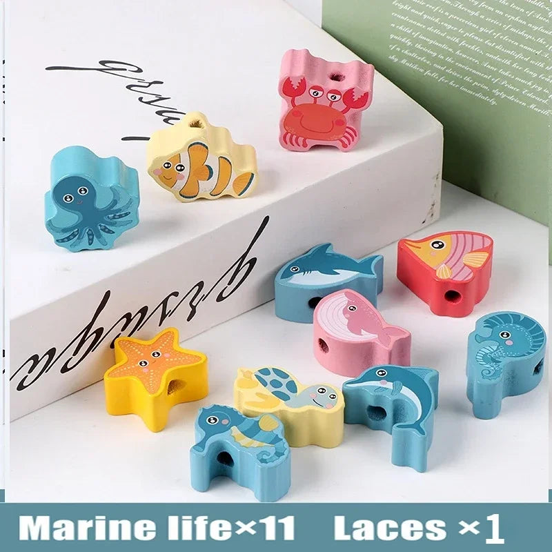 Kids Montessori Wooden Lacing Toy DIY Wooden Beads for Children Cartoon Animals Fruit Letter Digital Beads Threading Toys Gifts