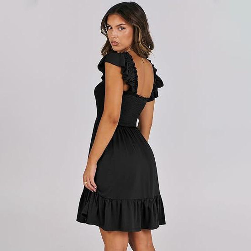 ANRABESS Womens Summer Casual Sleeveless Square Neck Smocked Ruffle Backless Boho Mini Dress 2025 Sundress Beach Vacation Outfits