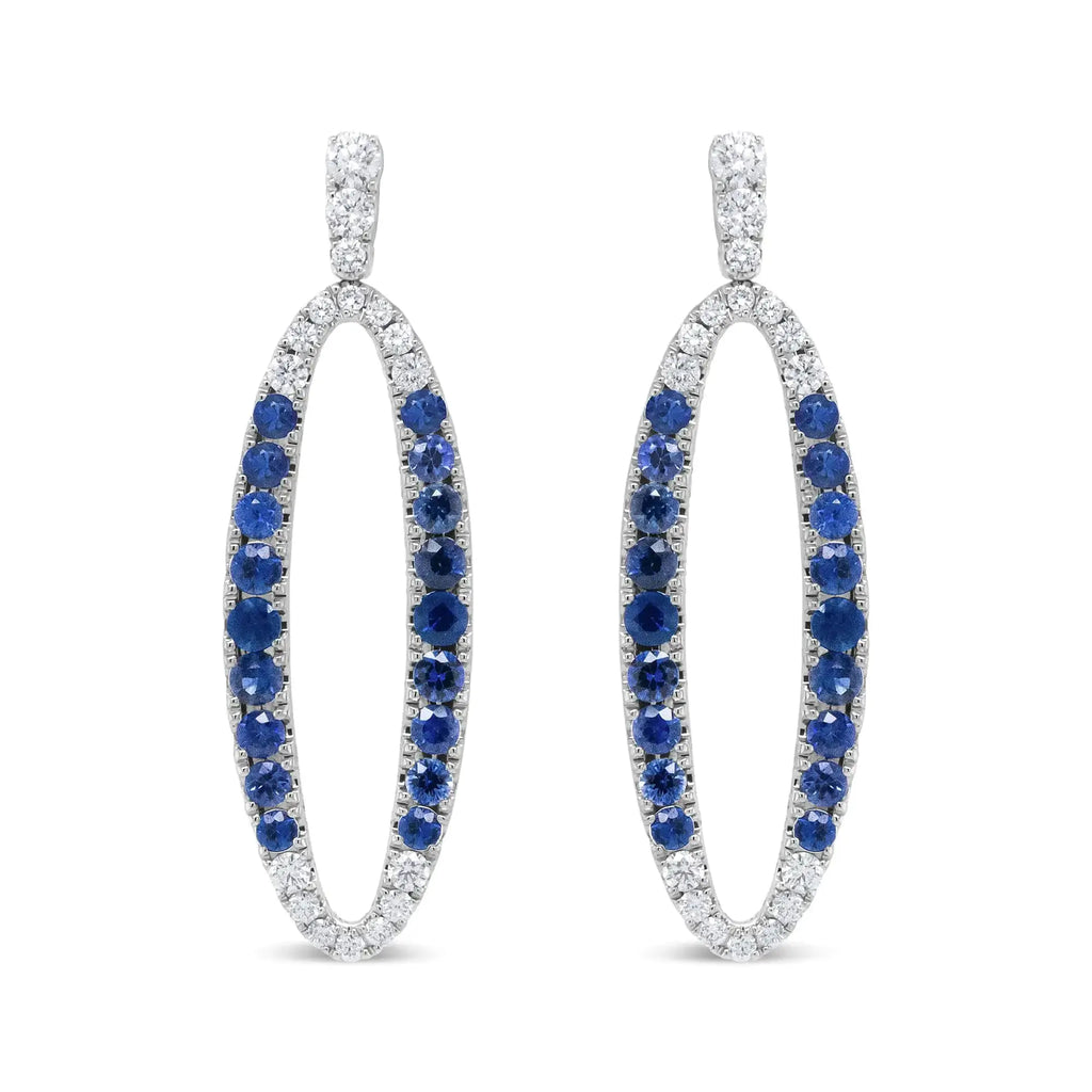 View details for 18K White Gold 1.11 Cttw Blue Round Diamond and Blue Sapphire Openwork Oval Shaped Dangle Earrings (F-G Color, VS1-VS2 Clarity) 18K White Gold 1.11 Cttw Blue Round Diamond and Blue Sapphire Openwork Oval Shaped Dangle Earrings (F-G Color,