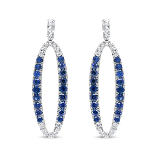 View details for 18K White Gold 1.11 Cttw Blue Round Diamond and Blue Sapphire Openwork Oval Shaped Dangle Earrings (F-G Color, VS1-VS2 Clarity) 18K White Gold 1.11 Cttw Blue Round Diamond and Blue Sapphire Openwork Oval Shaped Dangle Earrings (F-G Color,