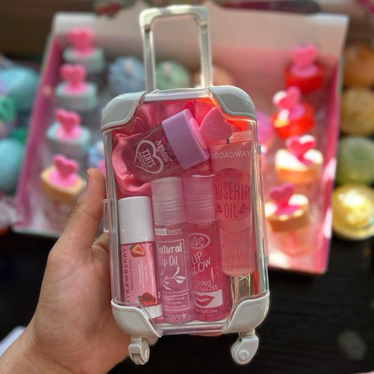 Mini Suitcase Lipgloss Bundle - Comes with 5 Random Lipglosses & a Scrunchie, Lip Care Kit with Lip Balm, Lip Gloss, and Lipstick - Cosmetic, Makeup Lip Oil - Gift, Glossy Everyday Pink