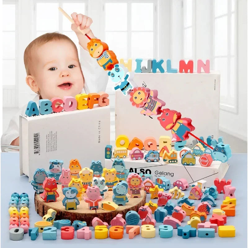 Kids Montessori Wooden Lacing Toy DIY Wooden Beads for Children Cartoon Animals Fruit Letter Digital Beads Threading Toys Gifts