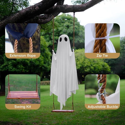 Halloween Decorations Outdoor - 5FT Large Hanging Ghost Swing with Remote Control String Lights &amp; Upgraded Sheet, Scary Ghost Halloween Party Decor Outside for Tree Porch Yard Garden Lawn