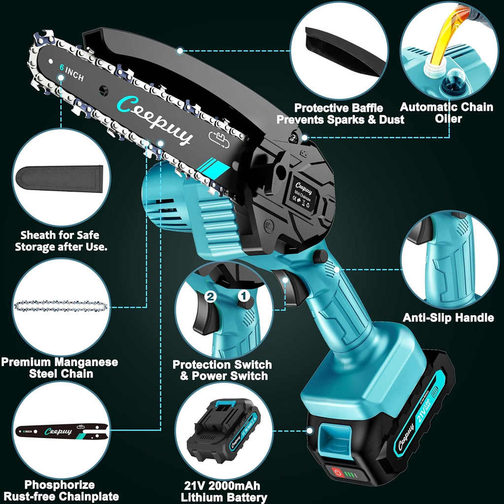Mini motosierra inalámbrica, motosierra eléctrica portátil de 6 pulgadas, lubricador automático, sierra de mano pequeña a batería, bloqueo de seguridad para podar ramas de árboles, cortar madera, 2 baterías 3 cadenas 2025