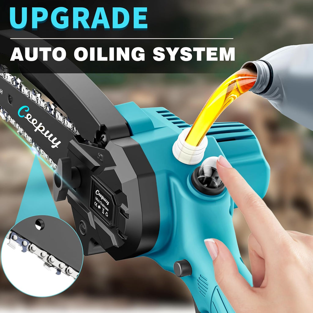 Mini motosierra inalámbrica, motosierra eléctrica portátil de 6 pulgadas, lubricador automático, sierra de mano pequeña a batería, bloqueo de seguridad para podar ramas de árboles, cortar madera, 2 baterías 3 cadenas 2025