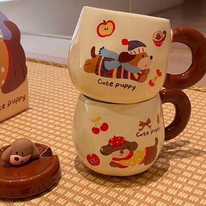 Cartoon Sausage Dog Mug With Lid Spoon Ceramic Water Cup