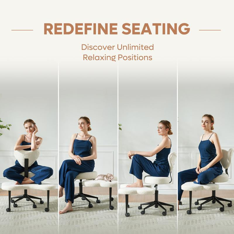 Pinmoco Ergonomic Cross Legged Swivel Chair - Adjustable Height, Teddy Fabric, Back Support, Versatile for Home & Office Use