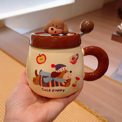 Cartoon Sausage Dog Mug With Lid Spoon Ceramic Water Cup