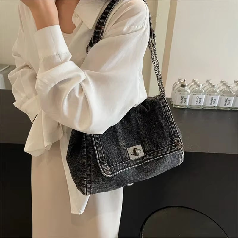 Solid Color Denim Canvas Shoulder Bag Multi Functional Fashionable Shoulder Bag Minimalist Casual Bag American Retro Handbag