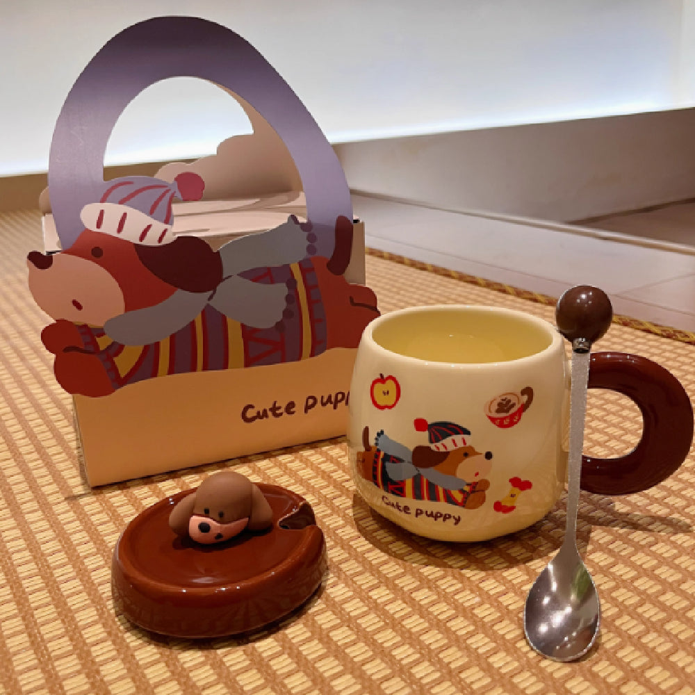 Cartoon Sausage Dog Mug With Lid Spoon Ceramic Water Cup