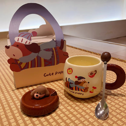 Cartoon Sausage Dog Mug With Lid Spoon Ceramic Water Cup