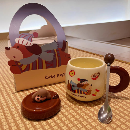 Cartoon Sausage Dog Mug With Lid Spoon Ceramic Water Cup