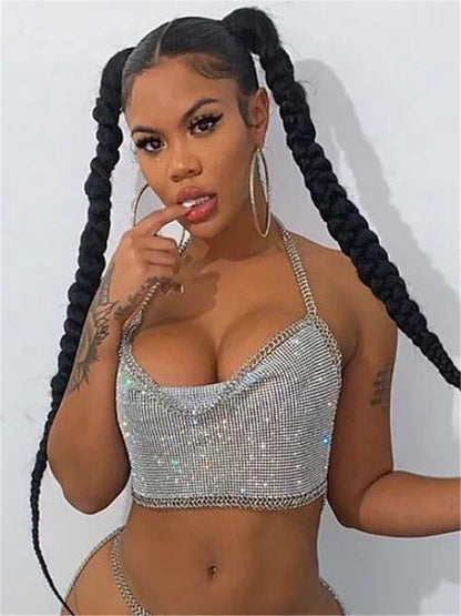 Women's Nightclub Tube Top Backless Metal Diamond Chain Spaghetti Straps Midriff-baring Underwear Vest