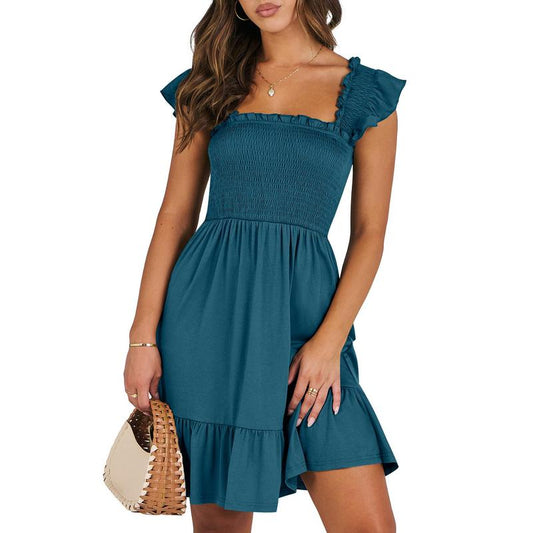 ANRABESS Womens Summer Casual Sleeveless Square Neck Smocked Ruffle Backless Boho Mini Dress 2025 Sundress Beach Vacation Outfits