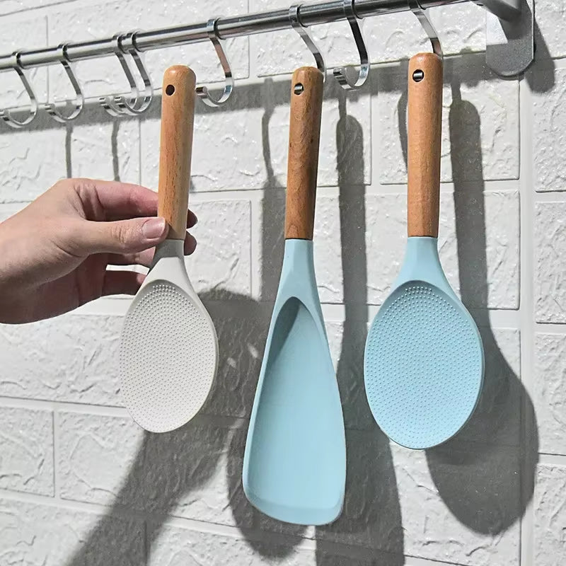 Silicone Rice Shovel Spoon Kitchenware with Long Wooden Handle Household Non-Stick Big Cooking Spatula Scoop Kitchen Gadgets