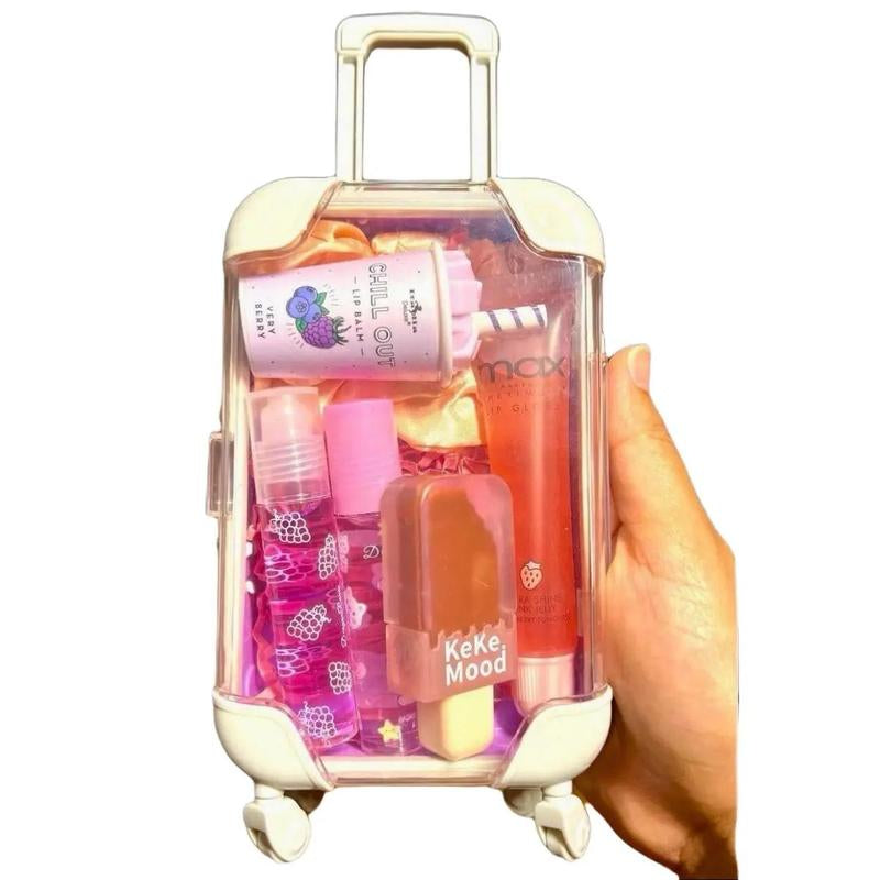 Mini Suitcase Lipgloss Bundle - Comes with 5 Random Lipglosses & a Scrunchie, Lip Care Kit with Lip Balm, Lip Gloss, and Lipstick - Cosmetic, Makeup Lip Oil - Gift, Glossy Everyday Pink