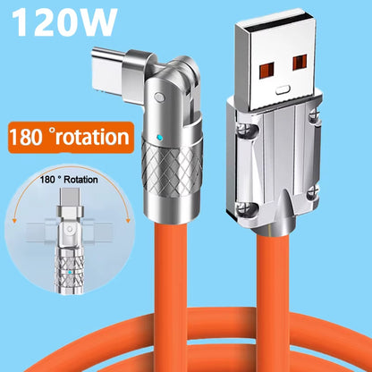 120W USB Type C Cable 180° Rotating 6A Fast Charge Cable for Samsung S22 S21 S20 Ultra Huawei Xiaomi 12 Mobile Phone Cable