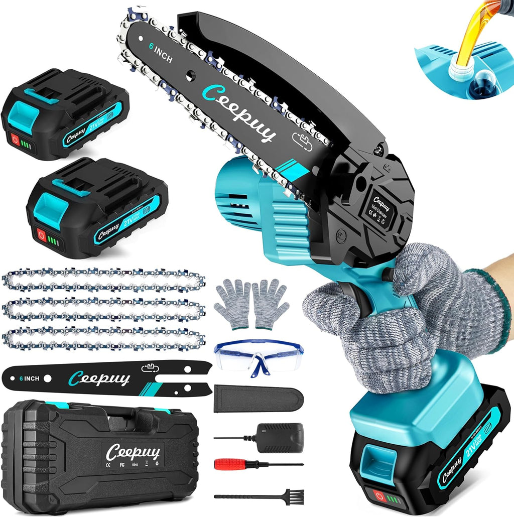 Mini motosierra inalámbrica, motosierra eléctrica portátil de 6 pulgadas, lubricador automático, sierra de mano pequeña a batería, bloqueo de seguridad para podar ramas de árboles, cortar madera, 2 baterías 3 cadenas 2025