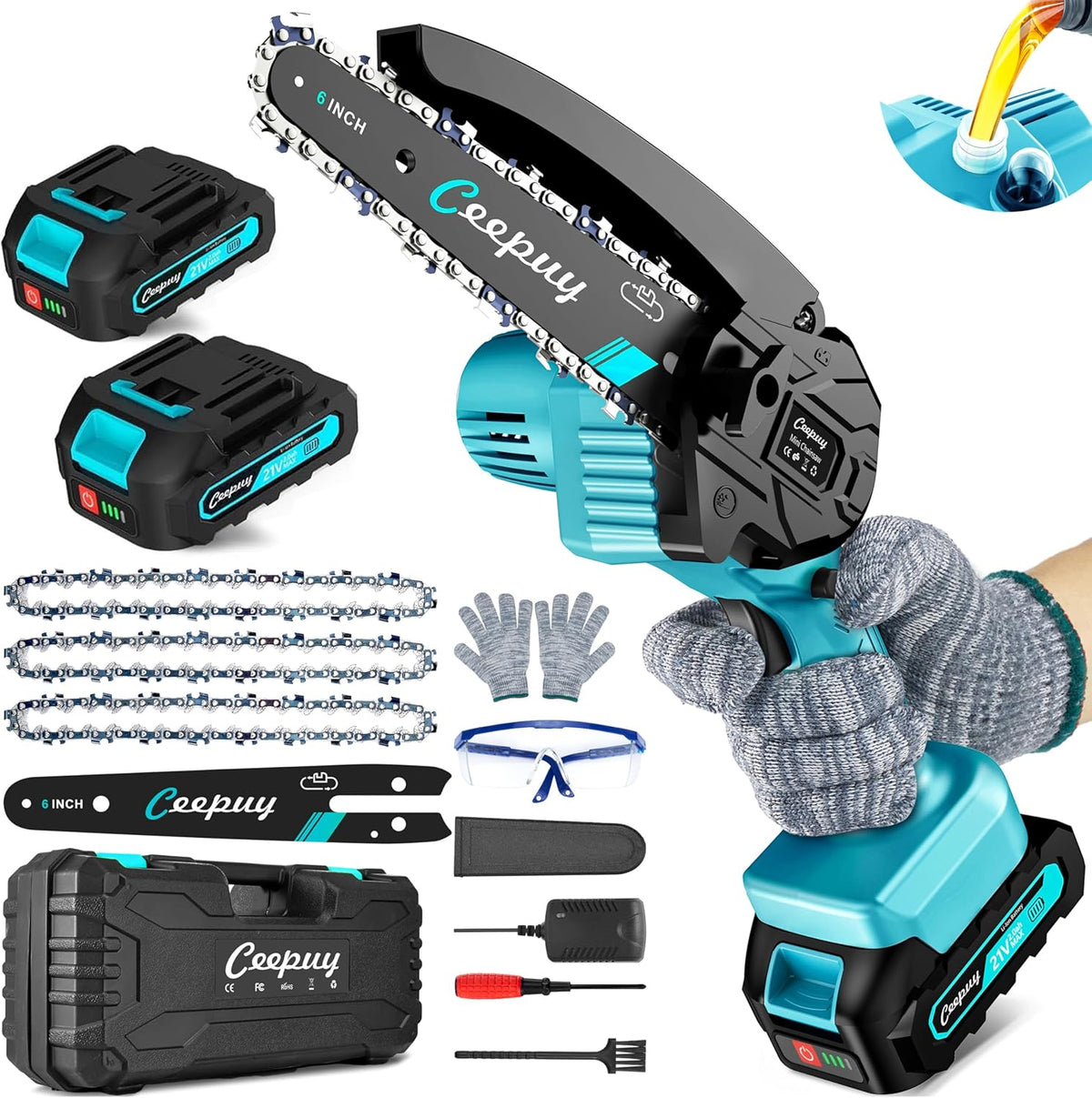 Mini motosierra inalámbrica, motosierra eléctrica portátil de 6 pulgadas, lubricador automático, sierra de mano pequeña a batería, bloqueo de seguridad para podar ramas de árboles, cortar madera, 2 baterías 3 cadenas 2025