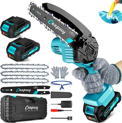 Mini Chainsaw Cordless,6 Inch Portable Electric Chain Saw, Automatic Oiler, Battery Powered Small Handheld Saw, Security Lock Trees Branches Trimming,Wood Cutting, 2 Batteries 3 Chains 2025