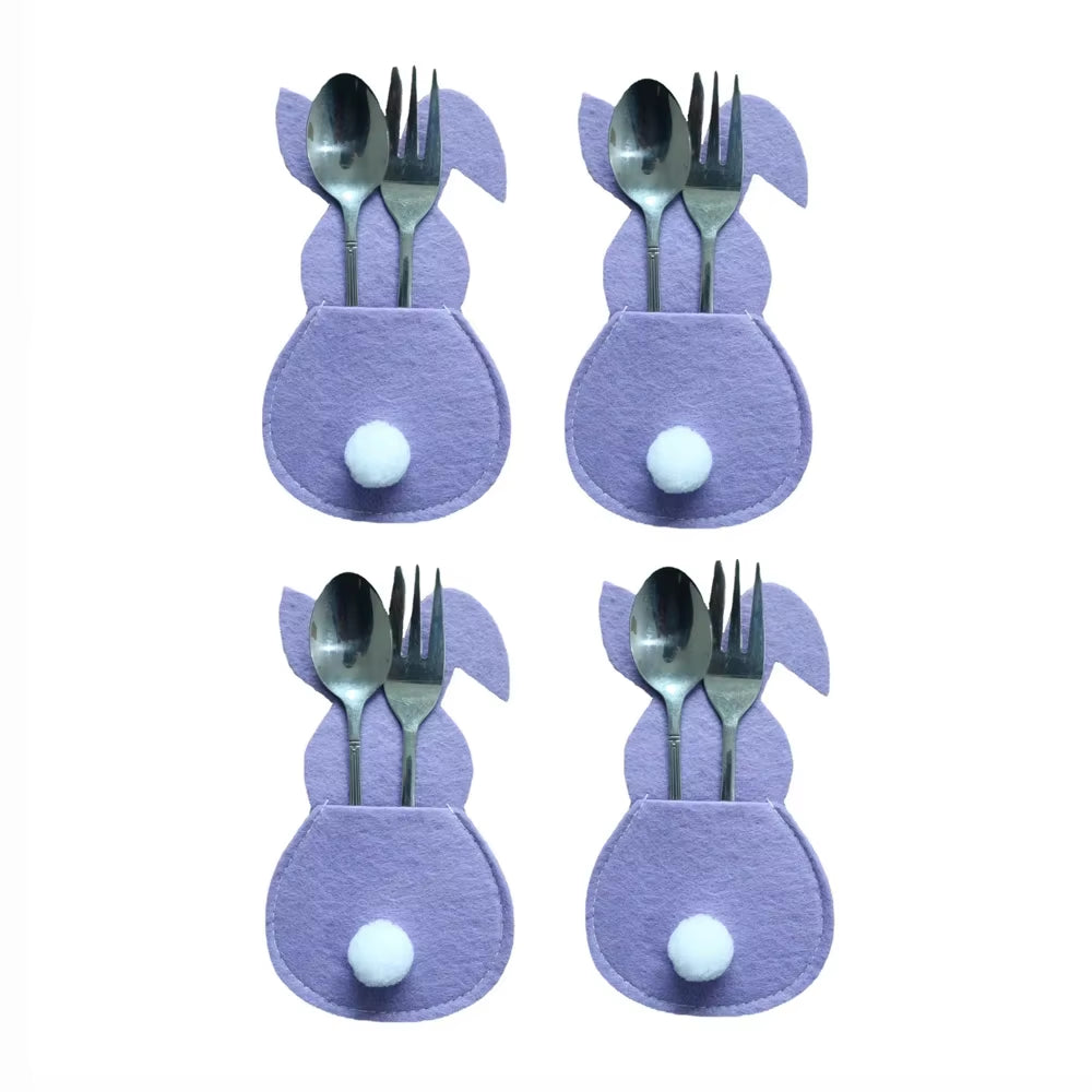 4Pcs Easter Rabbit Knife and Fork Bag with Tail Rabbit Cutlery Holder Bag Happy Easter Day Party Supplies 2023 Cutlery Cover
