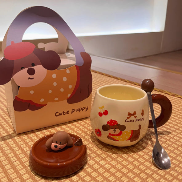 Cartoon Sausage Dog Mug With Lid Spoon Ceramic Water Cup