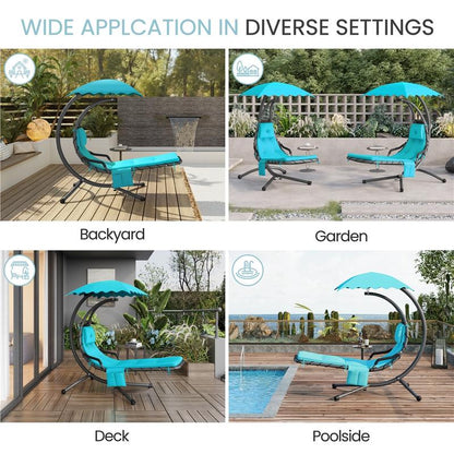 Yaheetech Outdoor Hanging Chaise Lounger with Stand, Swinging Lounge Chair with Built-In Pillow and Removable Canopy, 265 Lb Capacity