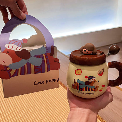 Cartoon Sausage Dog Mug With Lid Spoon Ceramic Water Cup