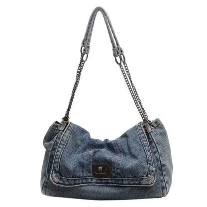 Solid Color Denim Canvas Shoulder Bag Multi Functional Fashionable Shoulder Bag Minimalist Casual Bag American Retro Handbag