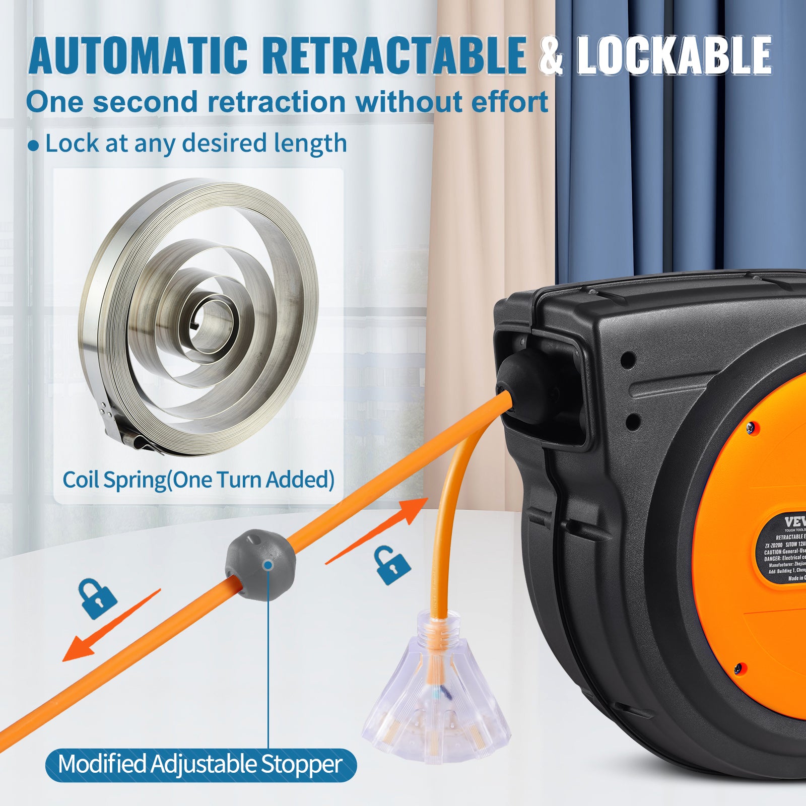 VEVOR Retractable Extension Cord Reel Power Cord Reel 65FT 12AWG 3C SJTOW