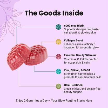 Halal Certified Hair, Skin, & Nails Gummies - Packed with Biotin, Collagen, Folate, & Essential Beauty Vitamins for Strong Hair, Glowing Skin & Healthy Nails - Easy Digestion & High Absorption - 60 Ct