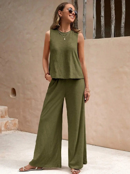 Round Neck Sleeveless Top and Wide Leg Pants Set Shop1102652536 Store