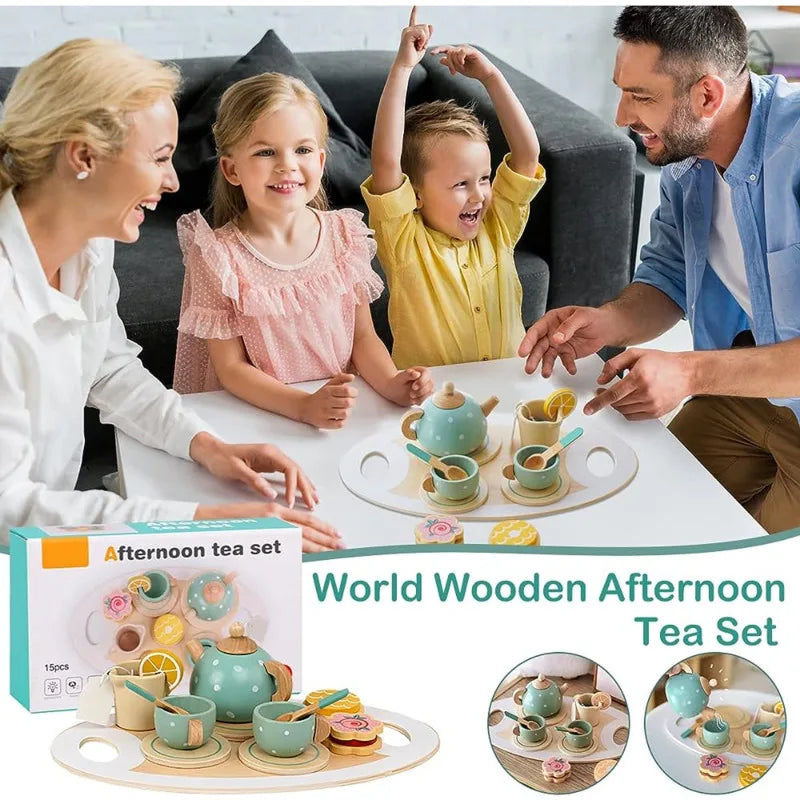 Wooden Afternoon Tea Set Toy Pretend Play Food Learning Role Play Game Early Educational Toys for Toddlers Girls Boys Kids Gifts Stone's Store