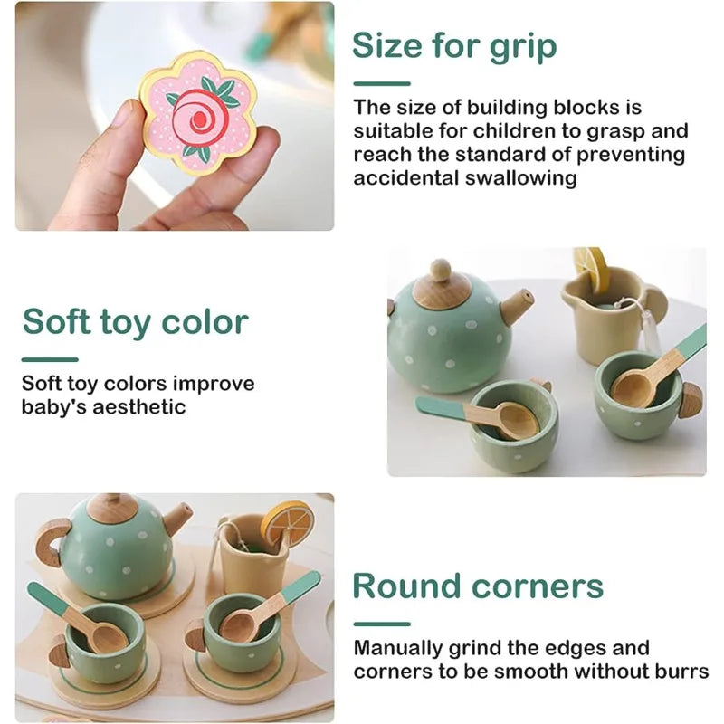 Wooden Afternoon Tea Set Toy Pretend Play Food Learning Role Play Game Early Educational Toys for Toddlers Girls Boys Kids Gifts Stone's Store