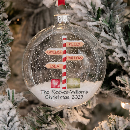 Personalised Stripy North Pole Family Glass Bauble Christmas Tree Ornament South Bay Evans General Store