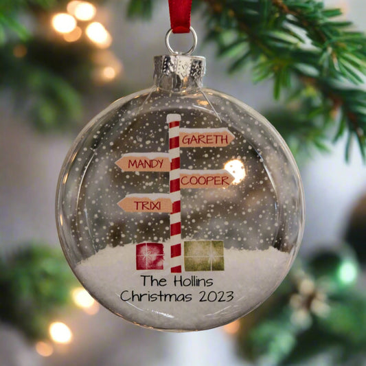 Personalised Stripy North Pole Family Glass Bauble Christmas Tree Ornament South Bay Evans General Store