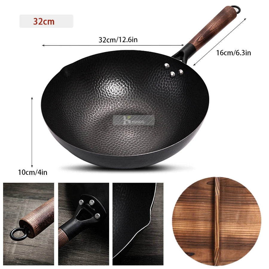 Konco Pure Iron wok de hierro fundido Sartén sin revestimiento Uso general para cocina de gas e inducción 32cm Sartén china wok Utensilios de cocina