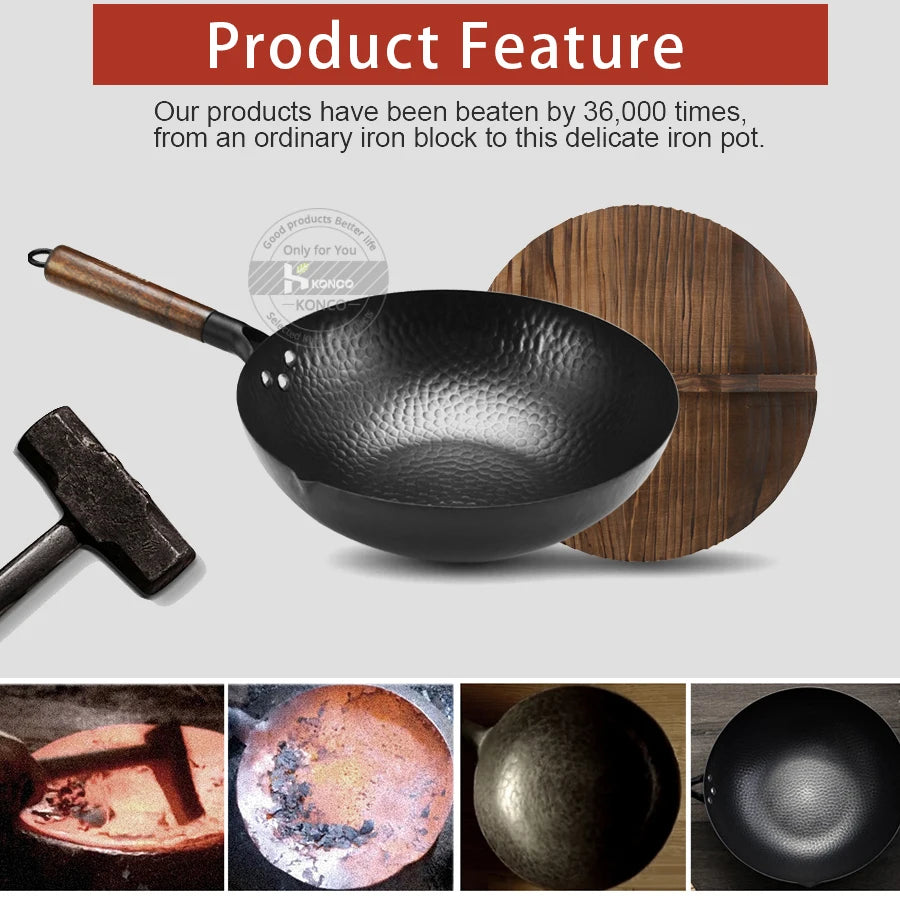 Konco Pure Iron wok de hierro fundido Sartén sin revestimiento Uso general para cocina de gas e inducción 32cm Sartén china wok Utensilios de cocina