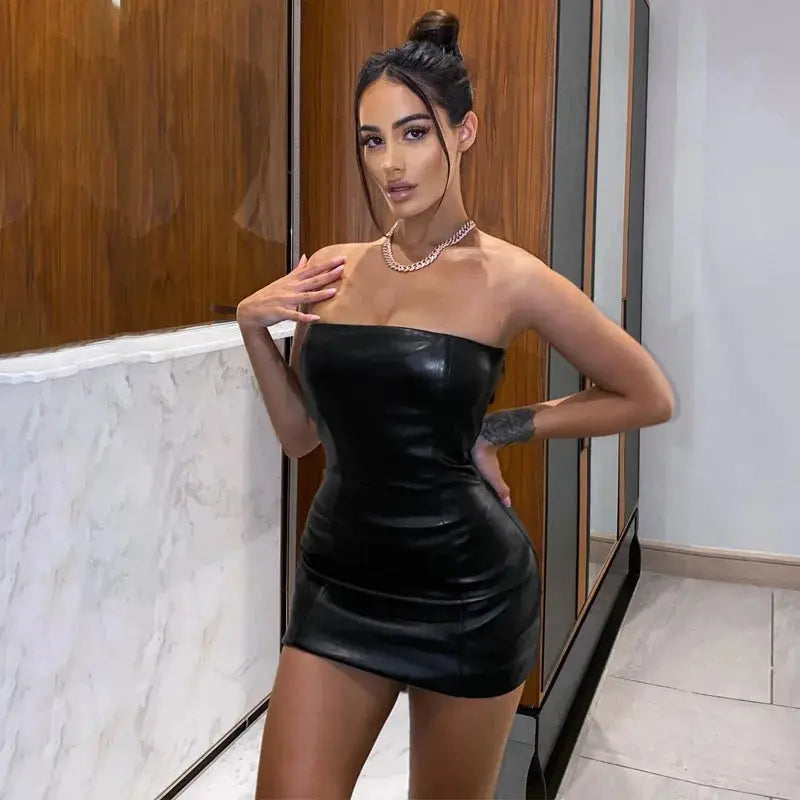 Mujeres Verano Sexy Fiesta Sin Tirantes Bodycon Piel Sintética Ajustada Cadera