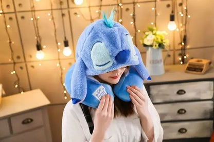 disney Stitch Cartoon Soft Hooded U-pillow Travel Pillow plus hat
